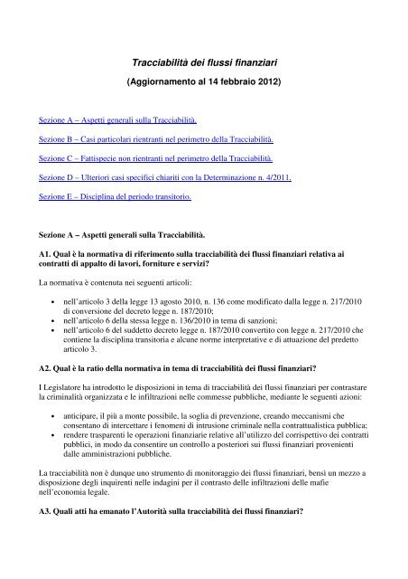 TracciabilitÃ  dei flussi finanziari (Aggiornamento ... - Appalti e Contratti