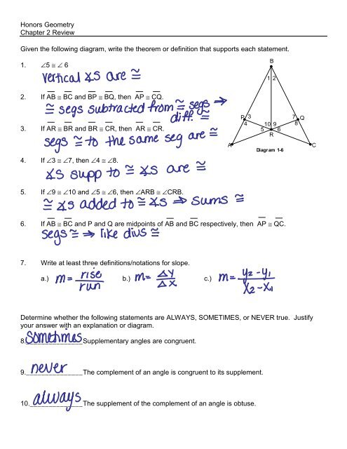 Honors Geometry Chapter 2 Review Given The Following Diagram 