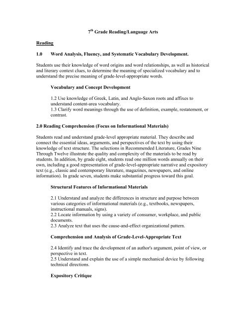 7th Grade Reading/Language Arts Reading 1.0 Word Analysis ...
