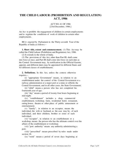 THE CHILD LABOUR (PROHIBITION AND REGULATION) ACT, 1986