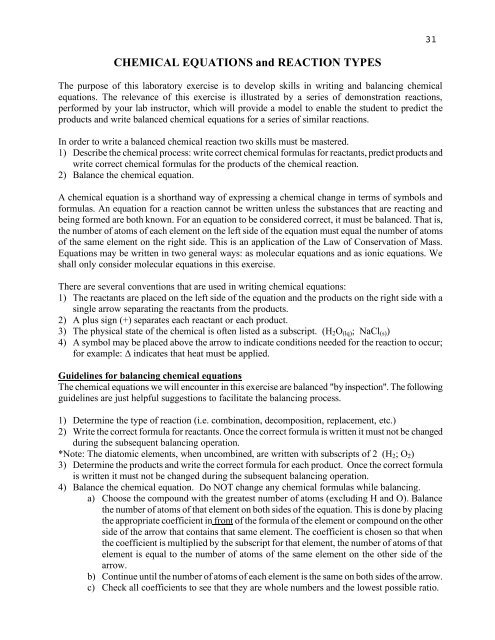 CHEMICAL EQUATIONS and REACTION TYPES