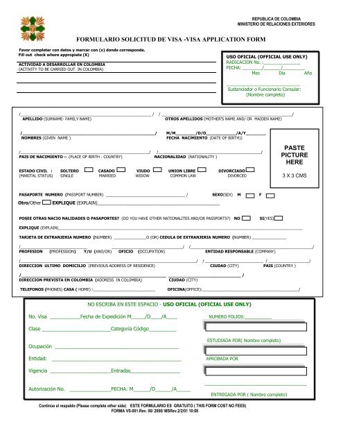 FORMULARIO SOLICITUD DE VISA -VISA APPLICATION FORM ...