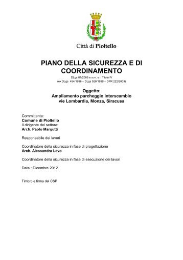 Piano della sicurezza e di coordinamento - Comune di Pioltello