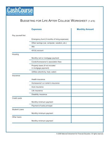 BUDGETING FOR LIFE AFTER COLLEGE WORKSHEET (1 of 6)