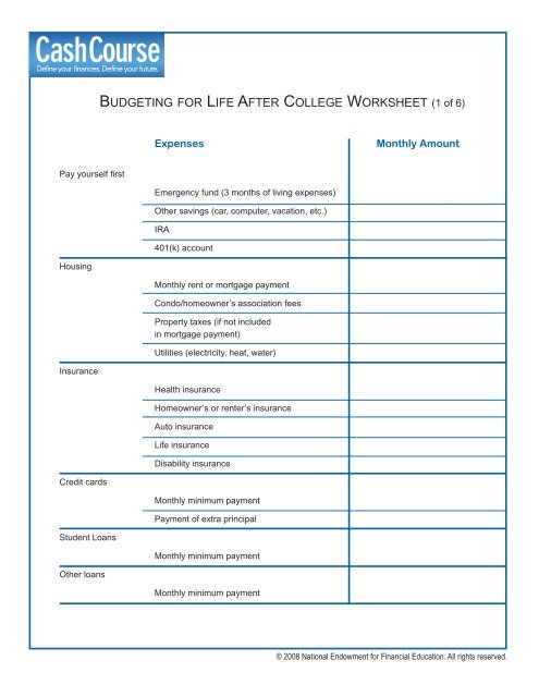 BUDGETING FOR LIFE AFTER COLLEGE WORKSHEET (1 of 6)