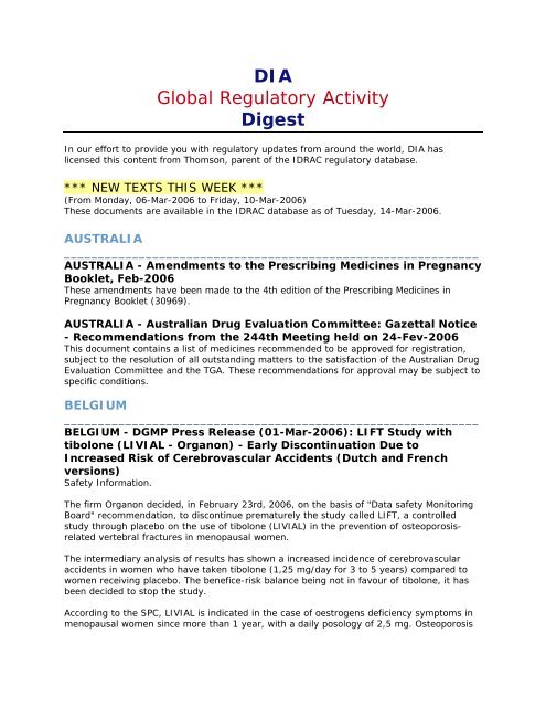 DIA Global Regulatory Activity Digest - Drug Information Association