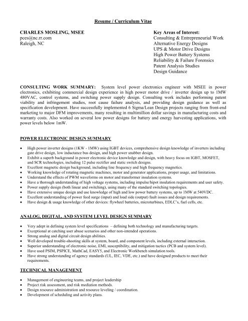 Resume / Curriculum Vitae CHARLES MOSLING, MSEE Key Areas ...