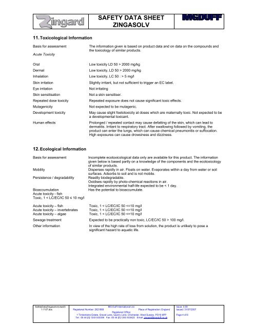 SAFETY DATA SHEET ZINGASOLV - MGDUFF