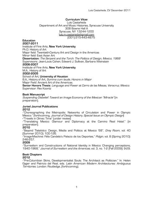 1 Curriculum Vitae Luis Castañeda Department of Art and Music ...