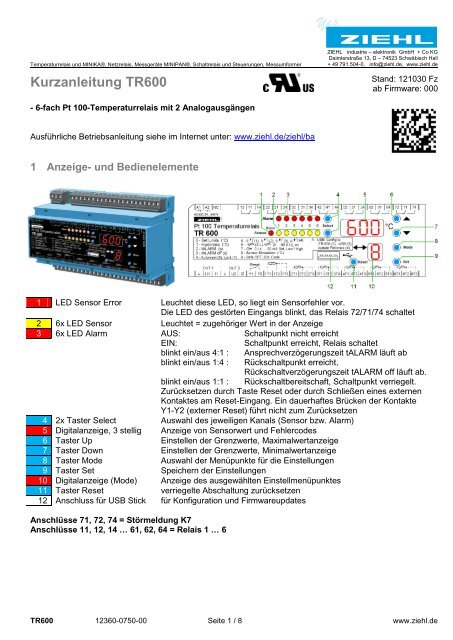 Kurzanleitung TR600 - Ziehl industrie-elektronik GmbH + Co KG