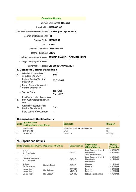 Complete Biodata II. Details of Central Deputation III.Educational ...