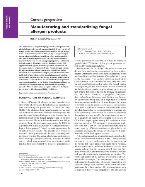 Manufacturing and Standardizing Fungal Allergen Products - Greer