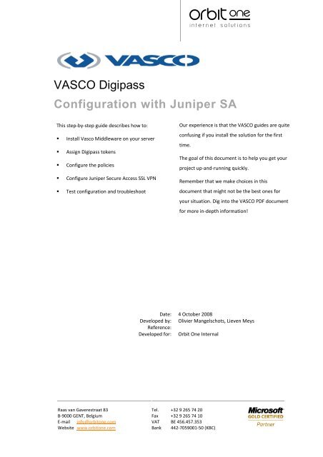 VASCO Digipass, Juniper SSL VPN configuration guide - Orbit One