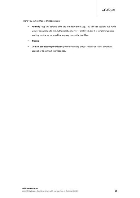 VASCO Digipass, Juniper SSL VPN configuration guide - Orbit One