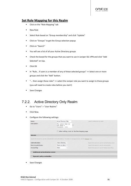 VASCO Digipass, Juniper SSL VPN configuration guide - Orbit One