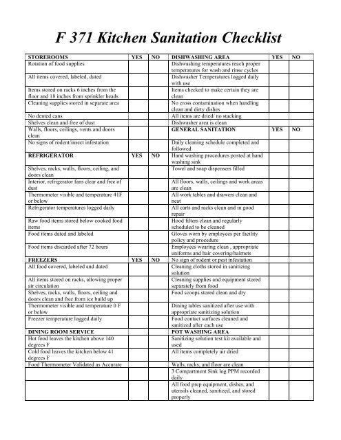 F 371 Kitchen Sanitation Checklist - Maun Lemke