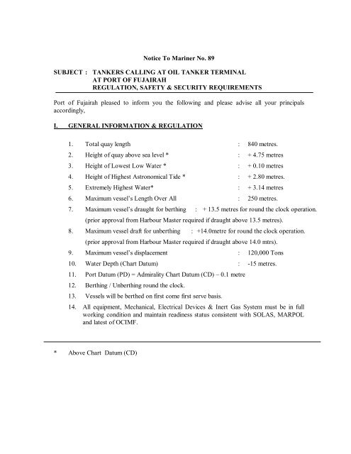 Notice To Mariner No. 89 SUBJECT : TANKERS ... - Port Of Fujairah