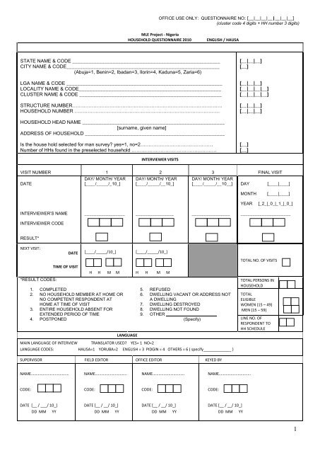 Baseline Household Questionnaire Hausa English