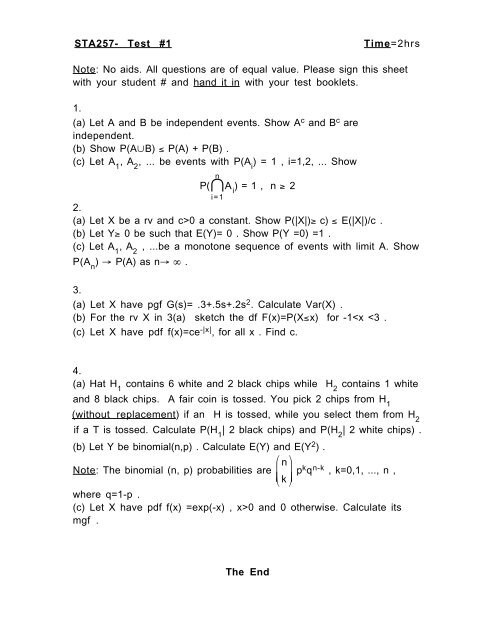 STA257- Test #1 Time=2hrs Note: No aids. All questions are of ...