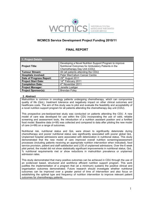 Developing a Novel Nutrition Support Program to improve ... - wcmics