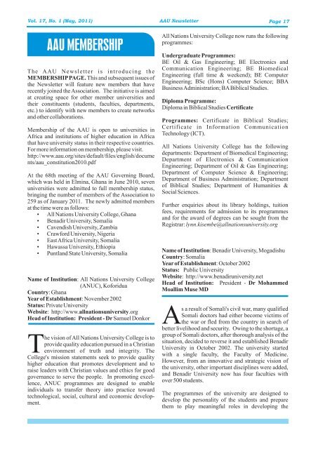 AAU NEWSLETTER English Vol. 17 Issue 1 2011 - AAU Resource ...