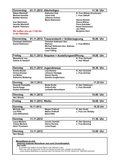 Messdienerplan St. Petronilla 16.10. â 13.11.2012