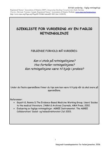 sjekkliste for vurdering av en faglig retningslinje - Kunnskapsbasert ...