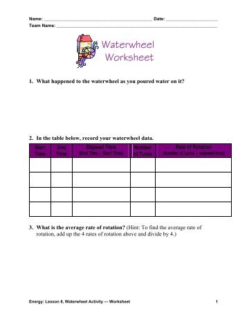 Waterwheel Worksheet - Teach Engineering