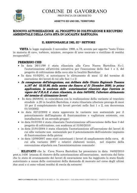 rinnovo autorizzazione bartolina 22-04-10 - Comune di Gavorrano