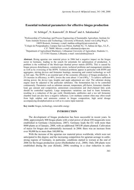 Essential technical parameters for effective biogas production