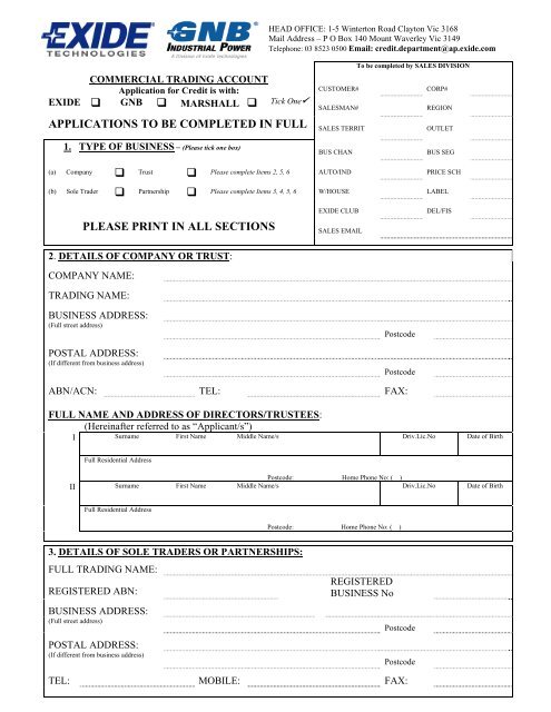 GNB Account Application and Terms &amp; Conditions - Exide 