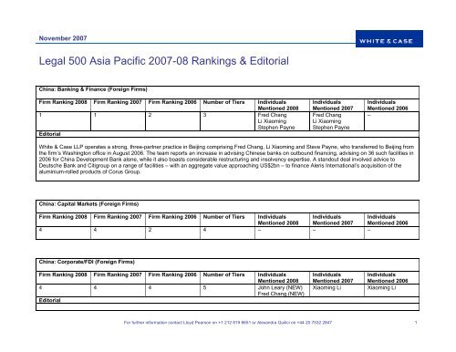Legal 500 Asia Pacific 2007-08 Rankings & Editorial - White & Case