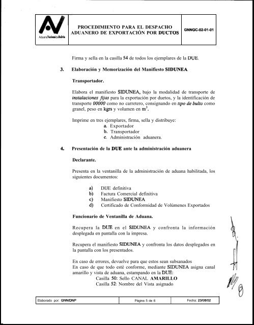 Procedimiento para el Despacho Aduanero de ExportaciÃ³n por Ductos