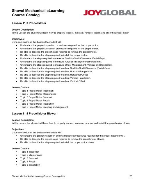 Shovel Mechanical eLearning Course Catalog - P&H Mining ...