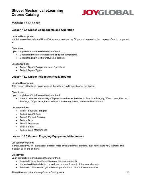 Shovel Mechanical eLearning Course Catalog - P&H Mining ...