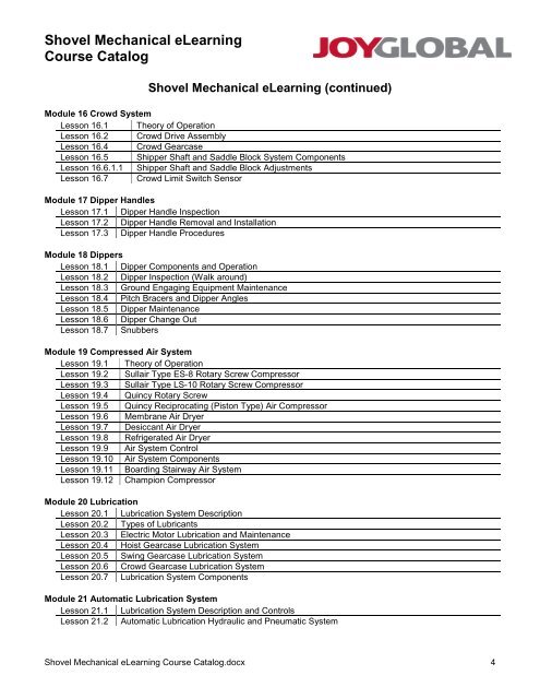 Shovel Mechanical eLearning Course Catalog - P&H Mining ...