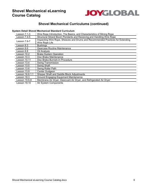 Shovel Mechanical eLearning Course Catalog - P&H Mining ...