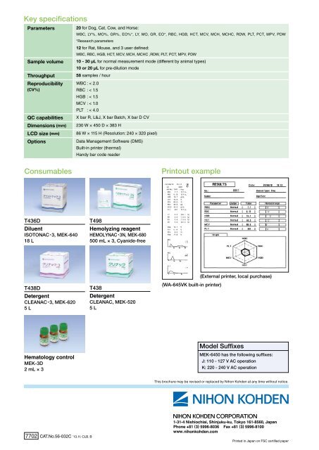 MEK-6450J/K Celltac αHematology Analyzer for ... - Nihon Kohden