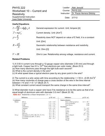 PHYS 222 Worksheet 10 – Current and Resistivity ρ = ρ - Iowa State ...