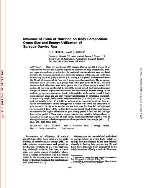 Influence of Plane of Nutrition on Body Composition, Organ Size and ...