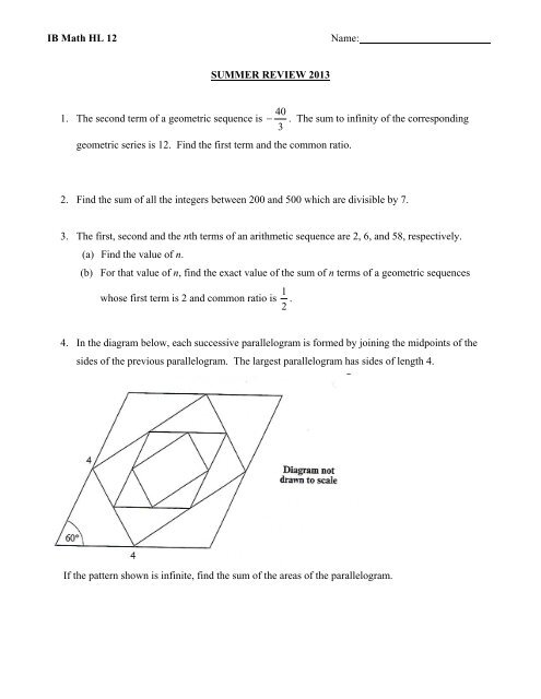 IB Math HL 11 - Summer Assignment 2013