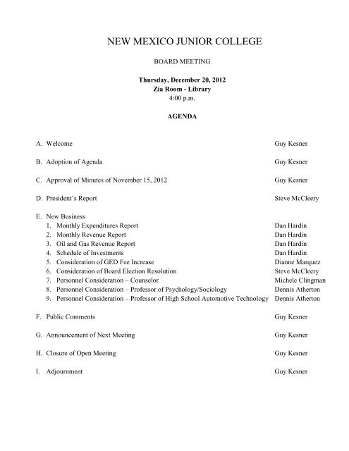 December 20, 2012 Meeting Minutes and Board Briefing Material