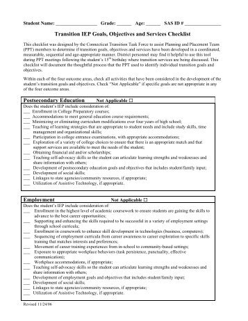 TRANSITION IEP GOALS, OBJECTIVES AND SERVICES CHECKLIST