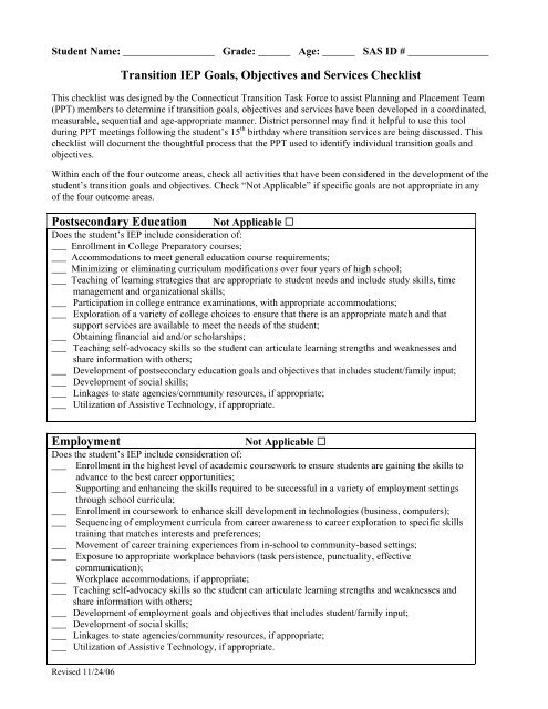 TRANSITION IEP GOALS, OBJECTIVES AND SERVICES CHECKLIST