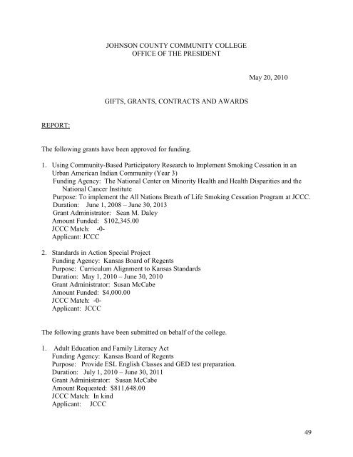 JCCC Board of Trustees meeting packet - May 2010 - Johnson ...
