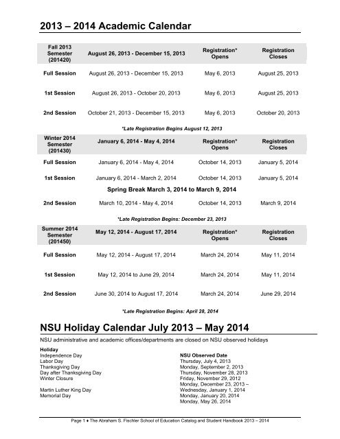 2013-2014 Academic Calendar and Tuition Refund Schedule