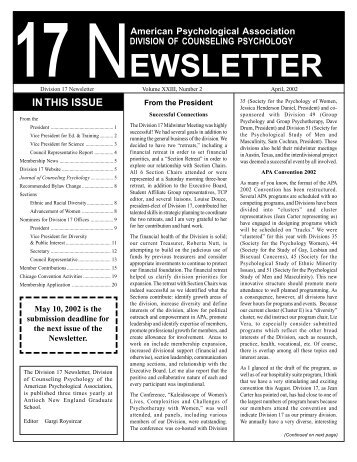 APA Spring 02 newsletter - Society of Counseling Psychology ...