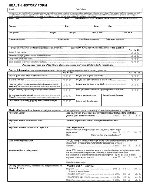 Health History Form for New Dental Hygiene Patients