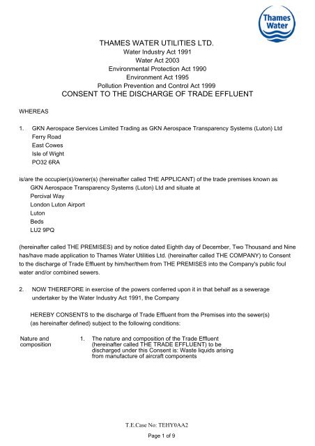 Thames Water Utilities Ltd Consent To The Discharge Of Trade Effluent