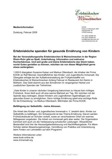 Erlebnisköche spenden für gesunde Ernährung von Kindern